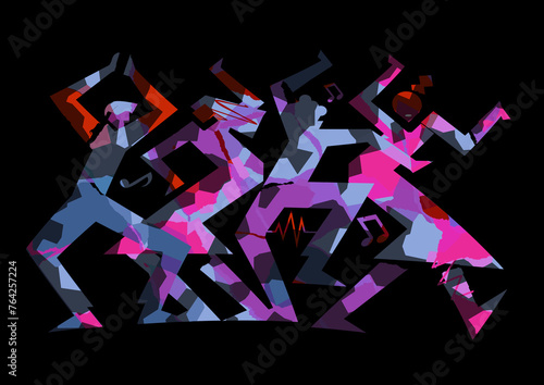  Young party people, disco dancing, modern dance. Expressive modern illustration of four dancing people on black background. 