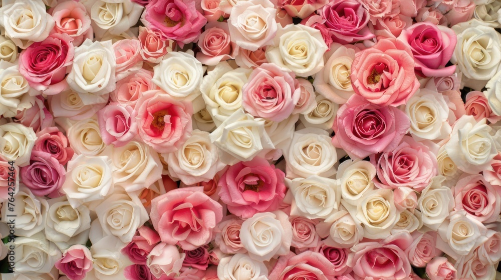 a wall adorned with pink, white, or red roses in tabletop photography style, featuring layered sizes, pure colors, and a seamless background in light yellow and dark pink hues. SEAMLESS PATTERN