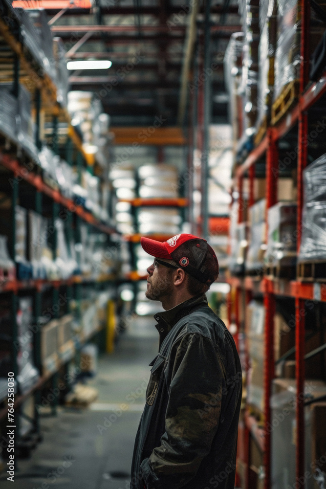 Male warehouse worker working in logistic commercial storage interior retail goods boxes supply. Man storehouse employee manager at work, distribution, industrial sorting and delivery.