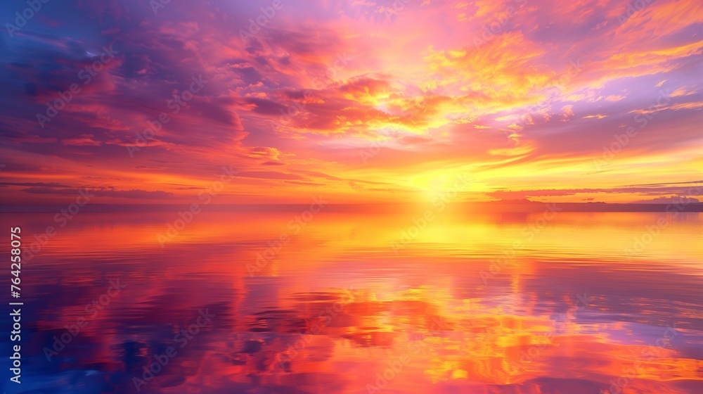 Golden Hour Glory: Majestic Sunset Panorama. This breathtaking image captures the serene beauty of the golden hour, with vibrant hues of orange, pink, and purple painting the sky.