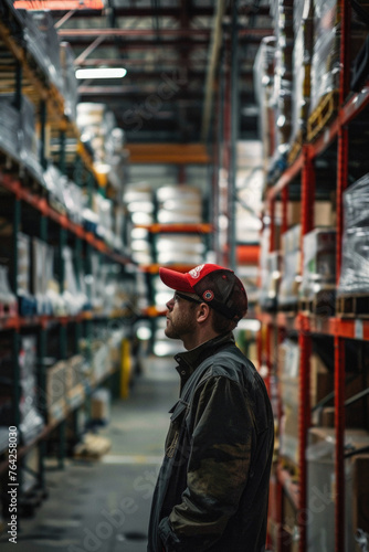Male warehouse worker working in logistic commercial storage interior retail goods boxes supply. Man storehouse employee manager at work  distribution  industrial sorting and delivery.