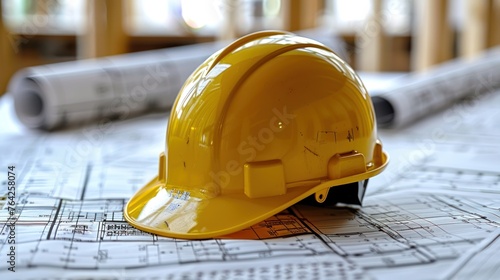 construction helmet and blueprints