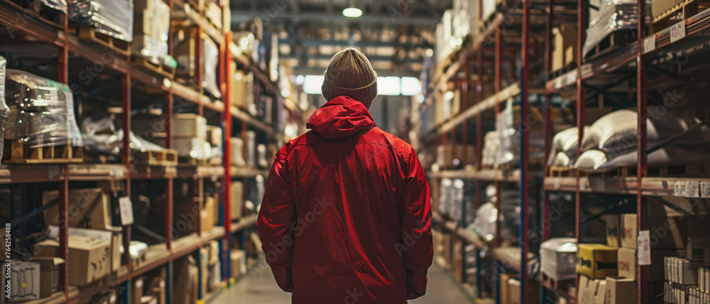 Obraz premium Male warehouse worker working in logistic commercial storage interior retail goods boxes supply. Man storehouse employee manager at work, distribution, industrial sorting and delivery.