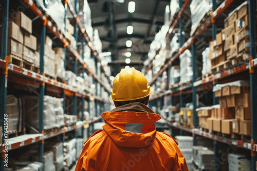Male warehouse worker working in logistic commercial storage interior retail goods boxes supply. Man storehouse employee manager at work, distribution, industrial sorting and delivery. © Synthetica