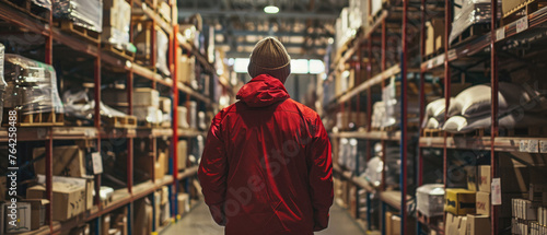 Male warehouse worker working in logistic commercial storage interior retail goods boxes supply. Man storehouse employee manager at work, distribution, industrial sorting and delivery.