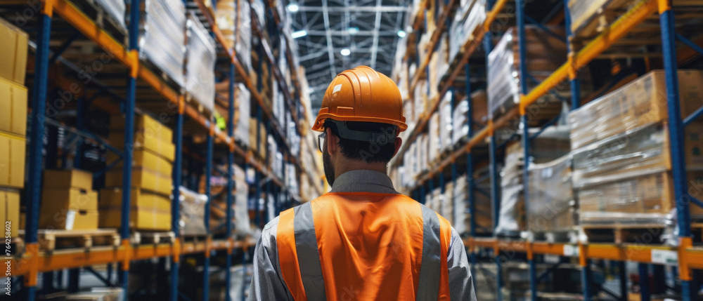 Male warehouse worker working in logistic commercial storage interior retail goods boxes supply. Man storehouse employee manager at work, distribution, industrial sorting and delivery. Male warehouse worker working in logistic commercial storage interior retail goods boxes supply. Man storehouse employee manager at work, distribution, industrial sorting and delivery.