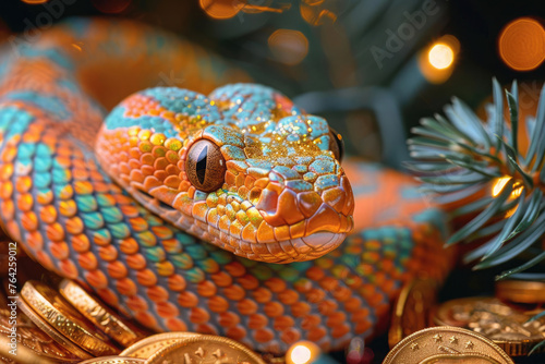 Festive Christmas Snake in Red Santa Hat with Gold Coins on Snowy Background - 2025 Celebration of Prosperity © syhin_stas