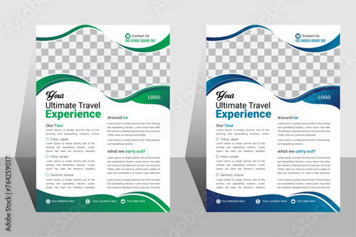 Travel poster or flyer pamphlet brochure design layout space for photo background. Travel flyer template for travel agency.