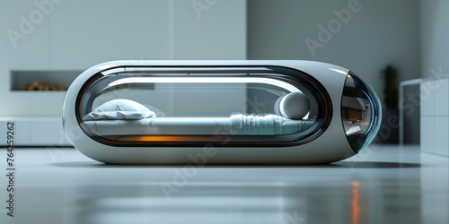 Sci Fi futuristic glass sleep capsule.