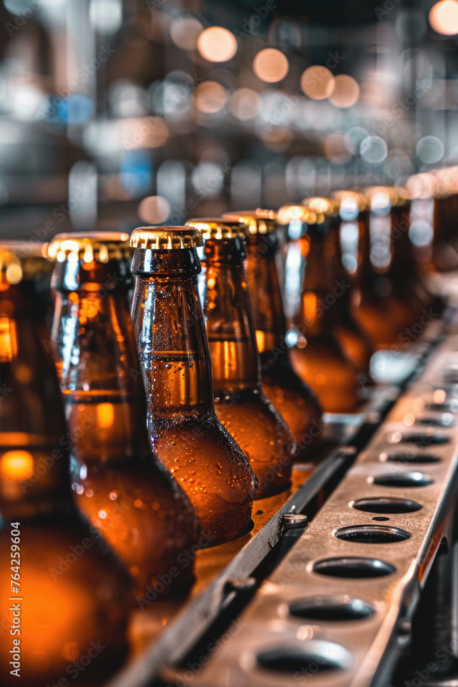 A row of beer bottles on a conveyor belt A row of beer bottles on a conveyor belt