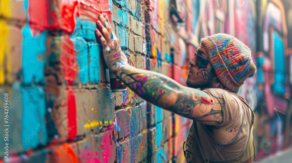 Fototapeta premium Tattooed man in beanie touching colorful graffiti wall. Street art and urban lifestyle concept. Side view with copy space.