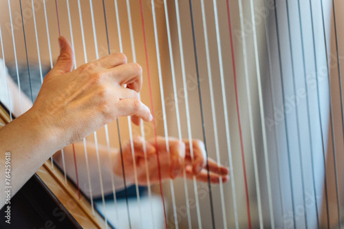 Canvastavla Close up of the hands of woman playing harp