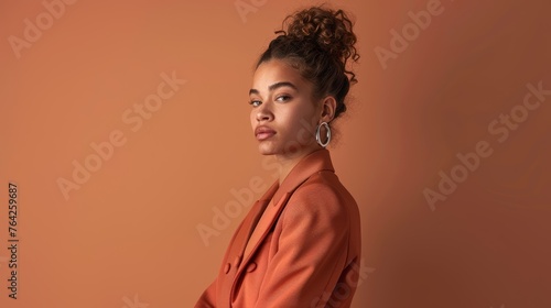 Young woman in orange blazer looking over shoulder. Professional studio fashion portrait with warm tones. Design for poster, header.