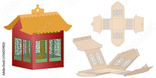 Model Gift Box of Tower, Castle, House for Sweets, Pagoda Chinese House, Surprises. Paper Laser Cutting Template. Die Cut Retail Packaging. No Glue Needed.