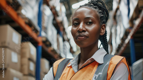 Portrait of female warehouse worker working in logistic commercial storage interior retail goods boxes supply. Woman storehouse employee manager at work, distribution, industrial sorting and delivery.