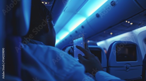 Person holding smartphone in airplane cabin with blue lighting