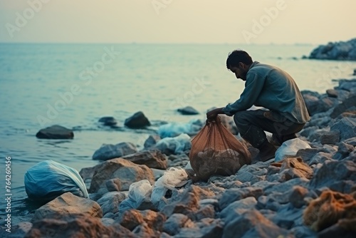 A man collects garbage from the coast on the beach. Ecology concept. The problem of ocean pollution photo