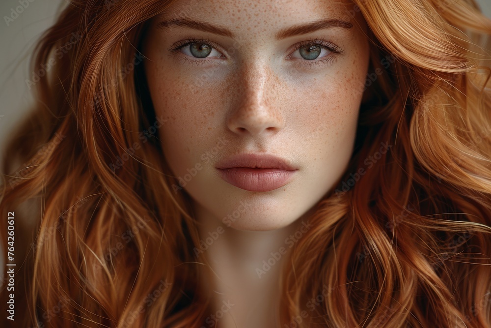 Intense intimate portrait of a woman with hypnotic green eyes and lush red hair Intense intimate portrait of a woman with hypnotic green eyes and lush red hair