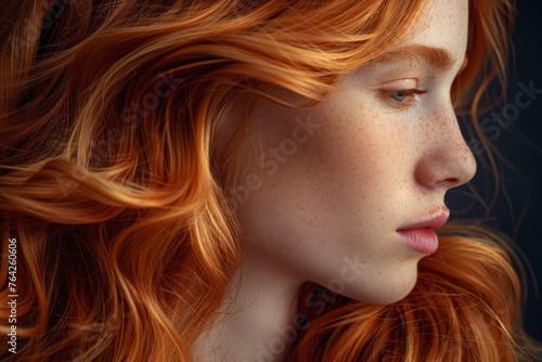 Side view portrait of a woman with fiery red hair and freckles showing contemplation