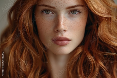 Intense intimate portrait of a woman with hypnotic green eyes and lush red hair