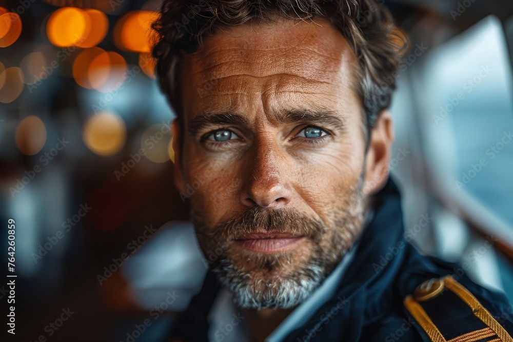 A close-up of a man's intense blue eyes and distinguished features, conveying resolve