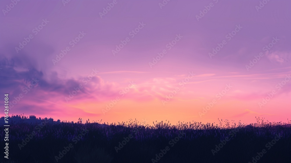 Fototapeta premium Lavender Dusk: Soft Sunset Panorama. Immerse yourself in the soft, soothing tones of a lavender dusk with this panoramic sunset image.