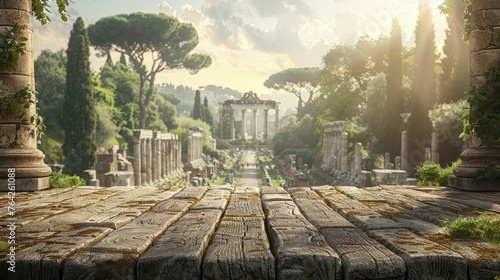 Capture the essence of antiquity with an Old World Stone Podium set against the backdrop of an Ancient Roman Forum for historical product displays.