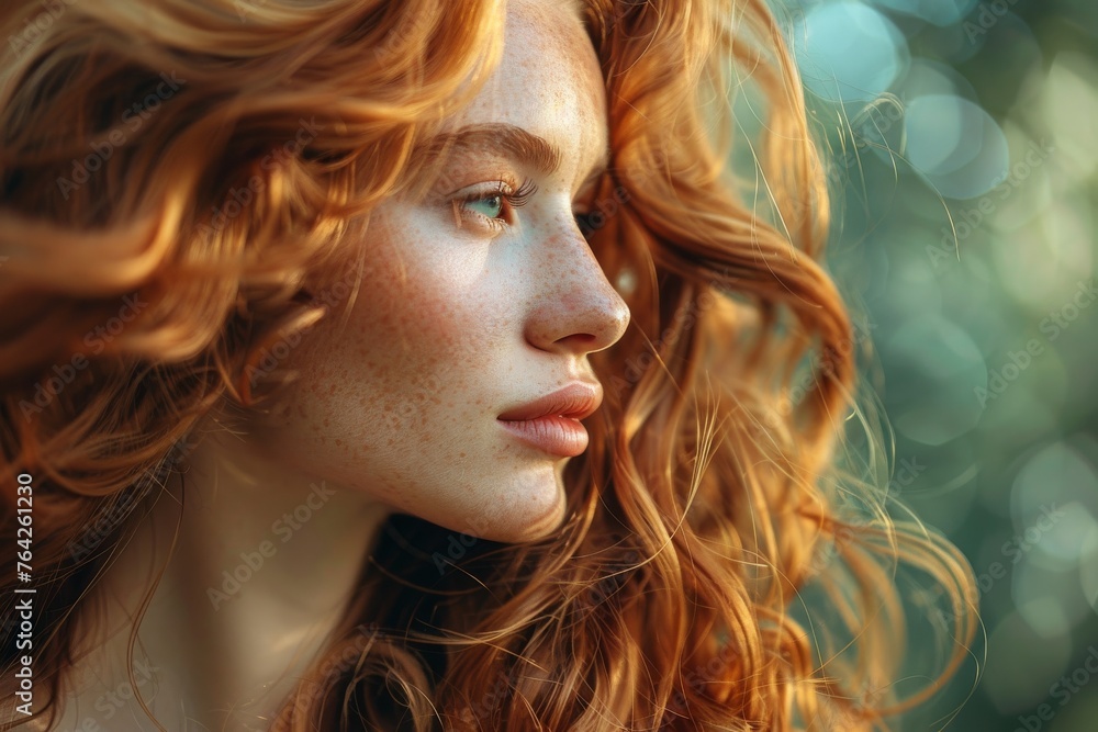 A close-up image capturing the delicate features of a redheaded woman with vivid green eyes and freckles A close-up image capturing the delicate features of a redheaded woman with vivid green eyes and freckles
