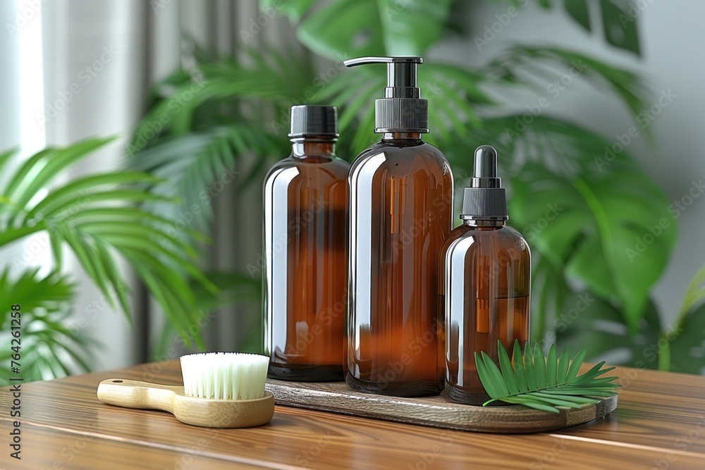 Skincare bottles and brush on a wooden tray