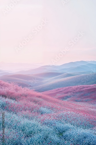 Pink abstract background, pink and blue hills, fields of grass, fading into the background, backdrop style artwork, pale sky, fields of color. Concept of minimalism, perfect for design backdrop 