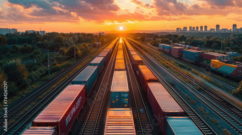 Freight train carrying cargo containers by railway. Cargo containers shipping transportation. Distribution and freight transportation using railroads. Logistics, international trade.