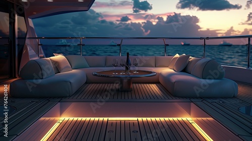 an uncovered sofa nestled on the aft deck of a superyacht, providing an unparalleled view of the Sea at sunrise, with the early morning sun casting a golden glow over the serene.