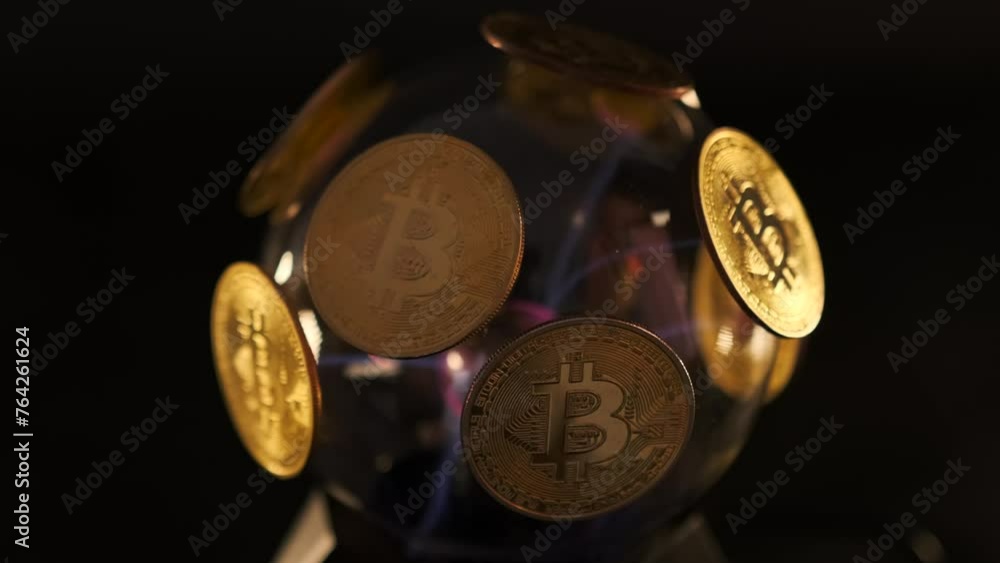 Bitcoin coins planet with glow red and blue neon electric lights spins on dark cyberspace background close up. Finance asset. Bitcoin coins planet with glow red and blue neon electric lights spins on dark cyberspace background close up. Finance asset.