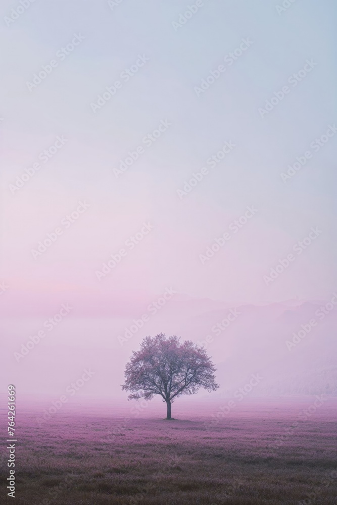 Obraz premium Pink abstract background with tree, pink and blue hills, fields of grass, fading, backdrop style artwork, pale sky, fields of color. Concept of minimalism, perfect for design backdrop 
