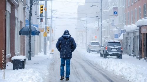 Urban Solitude: Walking Through a City Snowfall. generative AI