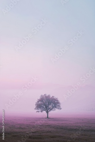 Pink abstract background with tree, pink and blue hills, fields of grass, fading, backdrop style artwork, pale sky, fields of color. Concept of minimalism, perfect for design backdrop 