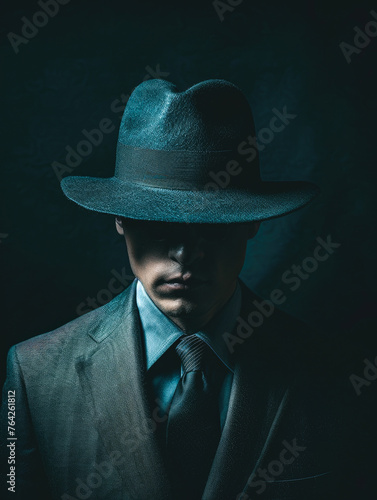 A man in a suit with his face hidden behind a hat, creating a secretive and incognito look. The dark background emphasizes the theme of mystery and the unknown