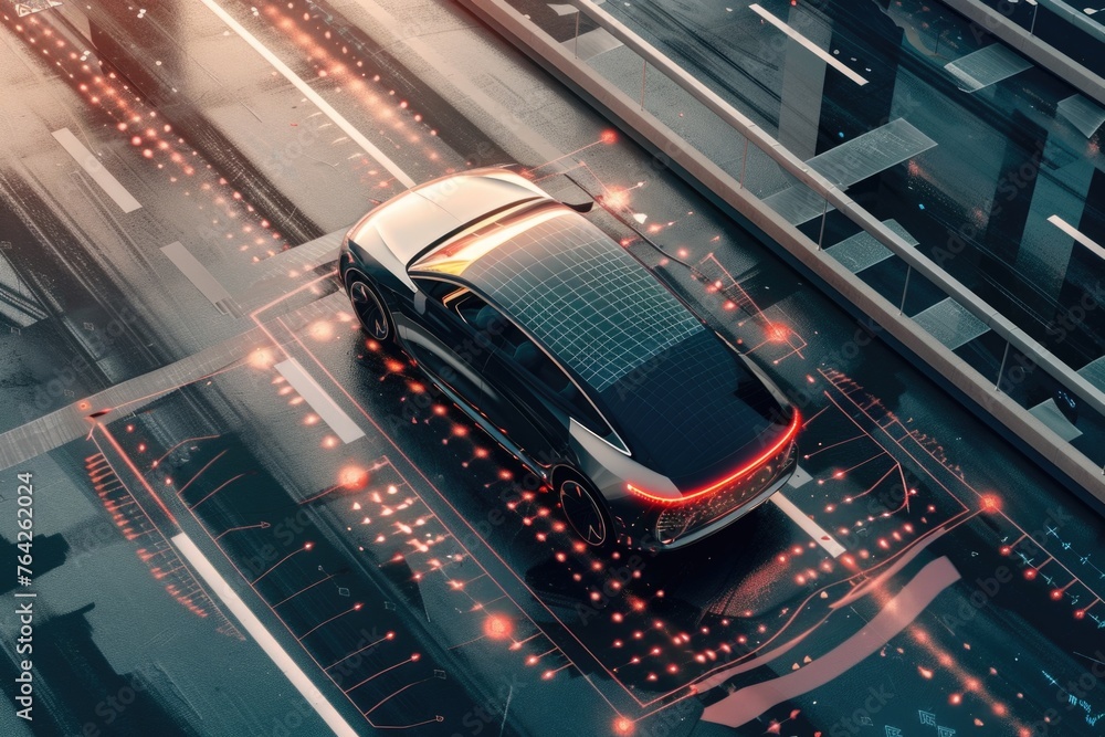 An aerial view of a futuristic self-driving car, denoting AI's ...