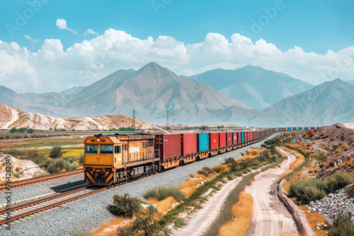 Freight train carrying cargo containers by railway. Cargo containers shipping transportation. Distribution and freight transportation using railroads. Logistics, international trade. photo