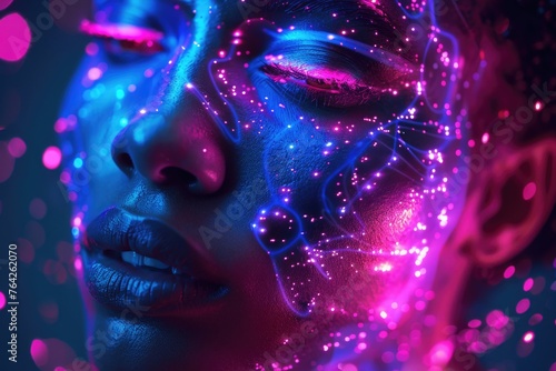 person with an ethereal, futuristic look, illuminated with vibrant blue and pink lighting, which gives them a very modern, stylized appearance possibly representing a cyborg