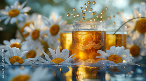 An artistic depiction of chamomile extract being distilled from the delicate flowers, with droplets of the precious liquid suspended in mid-air, capturing the essence of the extrac
