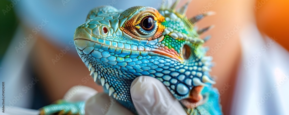 Veterinarian Meticulously Inspecting Lizard Skin in Clinic for Health Assessment