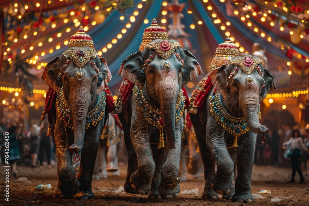 Fototapeta premium Decorated elephants stand under circus lights, offering a spectacular view for a festive or carnival backdrop