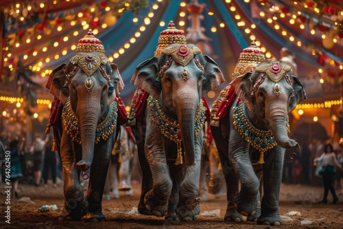 Decorated elephants stand under circus lights, offering a spectacular view for a festive or carnival backdrop