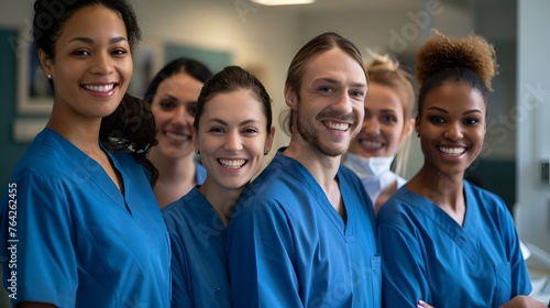 Dental Team Portrait: Expert Caregivers Radiating Professionalism and Happiness in Their Well-Equipped Clinic