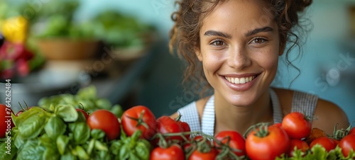 commercial photograph featuring a young woman amid a cornucopia of fresh fruits  symbolizing the allure and benefits of a healthy food diet  ideal for lifestyle and wellness content