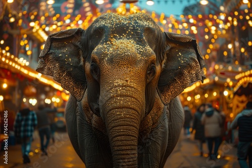 A close and personal portrait of a decorated elephant with a touch of glitter, reflecting the festive spirit photo