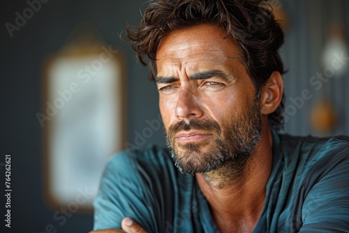 A contemplative mature man is deeply in thought while looking away, with a sense of wisdom and experience