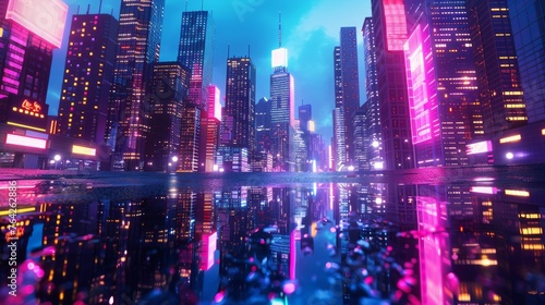 a neon-lit mega city  where the dazzling lights reflect off puddles on the streets