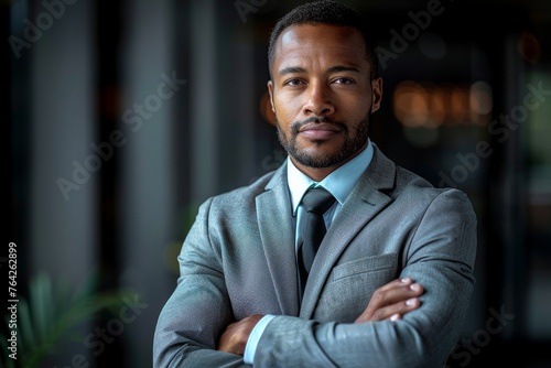 A professionally dressed businessman poses with crossed arms, looking at the camera against the backdrop of an office building photo